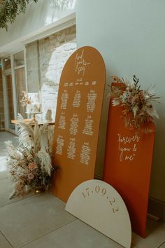 Orange and red wedding seating chart wedding sign for boho autumnal wedding Mountain Marriage, Retro Event, Wedding Flowers Boho, Dried Wedding Flowers, Seating Chart Wedding Diy, Boho Seating, Orange Wedding Themes, Wedding Sign Decor