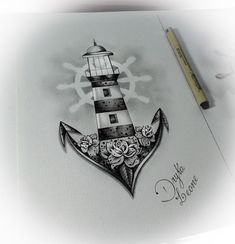 a drawing of a lighthouse with an anchor and roses on the side, is shown