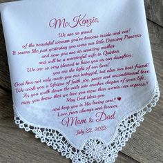 a wedding handkerchief with a poem written on it