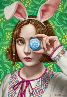 a painting of a girl with bunny ears on her head holding a blue button in front of her face