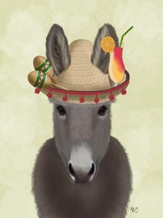 a donkey wearing a sombrero with fruit on it's head and an orange slice