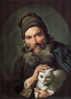 a painting of a man holding a white cat in his right hand and wearing a turban