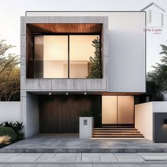 an architectural rendering of a modern house with stairs leading up to the front door and entrance