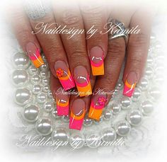 Summer brights Sunset Kiss, Nail Tip Designs, Fancy Nails Designs, Pretty Nail Art Designs, Bright Nails, Short Acrylic Nails Designs, Neon Nails, Orange And Pink