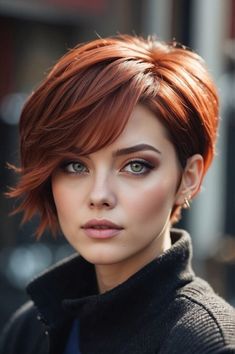 2025 Short Hair Trends, Red Short Hair Pixie, Red Hair Pixie Cut, Red Bob Hair, Pixie Bob Haircut, Short Red Hair, Short Hair Trends, Honey Blonde Highlights, Hairstyles For Round Faces