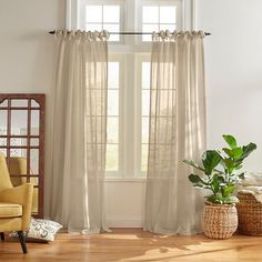 a living room with a chair, window and potted plant