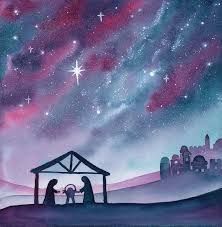 a nativity scene with the birth of jesus and baby jesus under a star filled sky