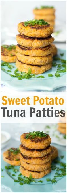 sweet potato tuna patties on a blue plate