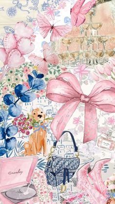 a painting with many different types of items and flowers on it, including a pink bow