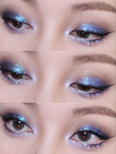 Blue Monolid Makeup, Asian Blue Eye Makeup, Blue Eyeshadow Looks Asian, Blue Makeup Looks Asian, Blue Eye Makeup Monolid, Shiny Blue Makeup, Blue Makeup Prom Looks, Indigo Makeup Looks, Blue Celestial Makeup