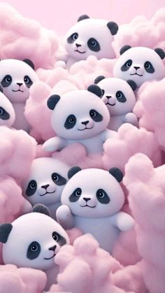 there are many stuffed pandas in the clouds