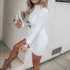 White Mock Neck Long Sleeve White Ruched Mini Dress For Fall, White Mock Neck, Mock Neck, Colorful Dresses, Long Sleeve Dress, Mini Dress, Womens Dresses, White, Long Sleeve