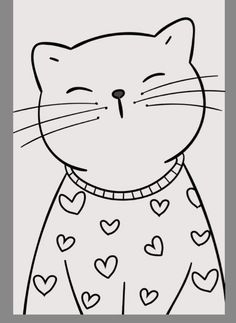 a black and white drawing of a cat with hearts on it's chest, wearing a sweater