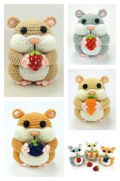 crocheted stuffed animals are shown in four different poses, including one holding a strawberry and the other eating an apple