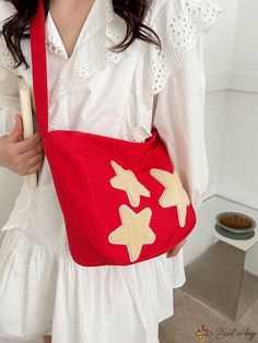 BirdinBag - Chic Red Hobo Bag with Star Patch Design Trendy Red Canvas Shoulder Bag, Red Handheld School Bag, Red Crossbody Canvas Bag For Daily Use, Red Bag For Everyday Use And Christmas, Red Christmas Bag For Everyday Use, Red Christmas Bags For Everyday Use, Geometric Composition, Word Wrap, Patch Design