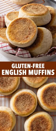 gluten - free english muffins on a cooling rack with the words, gluten - free english muffins