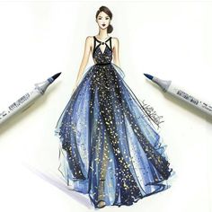 a drawing of a woman in a blue dress with stars on it and two crayons