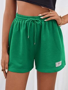 SHEIN EZwear-F Drawstring Waist Patched Detail Shorts | SHEIN USA Womens Sweat Shorts, Drawstring Waist Shorts, Sun Shirt, Track Shorts, Shorts Summer, Closet Ideas, Travel Wardrobe, Lounge Shorts, Sweat Shorts