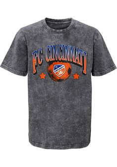 Your future FC Cincinnati will be ready for the game with this FC Cincinnati Youth Charcoal Short Sleeve Tee. This All Star T-Shirt features a screen print team graphic on mineral wash garment. Screen print team graphic, Mineral wash garment, Crew neck, Short sleeve, Finished hem, Perfect for any young sports fan!, 100% COTTON, 8 Sporty Washed Black T-shirt With Graphic Print, Sporty Acid Wash T-shirt With Letter Print, Soft-washed Crew Neck Sports T-shirt, Soft-washed Crew Neck T-shirt For Sports, Fc Cincinnati, Star T Shirt, Sports Fan, Screen Print, Cincinnati