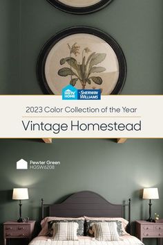 a bedroom with green walls and two pictures on the wall above it that say vintage homesead