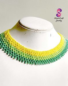 ❤️Add a splash of color to your looks with this boho style seed bead collar necklace made in soothing colors of yellow, lime green and dark green. It's lightweight and fits snugly around neck. Wear it with a matching dress or mix and match with your favorite outfit. Length: 17 inches  ❤️ This seed bead collar necklace is handmade with great care and attention to detail. Made using czech glass seed beads, woven in strong nylon beading thread and attached with silver plated lobster clasp. Each bead is picked up using a needle and woven to create a distinct netted pattern.  ❤️ Gift it to yourself or it makes for a great gift for birthday, anniversary or any other occasion. ---------------------------------------------------------------------------- CUSTOM ORDER Love the design but not the col Bead Collar Necklace, Wide Choker Necklace, Beaded Collar Necklace, Handmade Chokers, Beautiful Beadwork, Hippie Necklace, Beaded Collar, Small Shops, Choker Collar