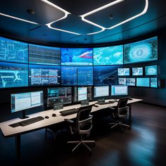 a room filled with multiple computer monitors sitting on top of desks