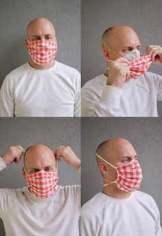 four pictures of a man wearing a mask and pulling on his nose to tie it