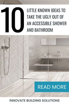 an advertisement for a bathroom with white tile on the walls and floor, in front of a