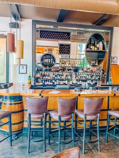 a bar with lots of bottles on it and chairs around the bar area in front of it