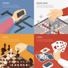 four different types of board games with hands and pieces - miscellaneous objects / objects illustrations