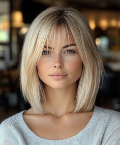 Stylish Sleek Gray Lob with Blunt Bangs Medium Straight Hairstyles With Bangs, Angular Bob Medium, Long Bobs With Bangs, Lob Haircut Straight Bangs, Shoulder Length Hair With Bangs Straight, Straight Lob With Bangs, Medium Length Blonde Hair With Side Bangs, Collarbone Length Hair With Bangs, Medium Bob With Long Parted Bangs