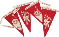 three red and white christmas buntings with candy canes on the top one has a santa claus head