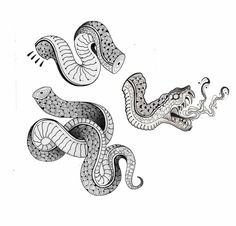 two black and white drawings of snakes