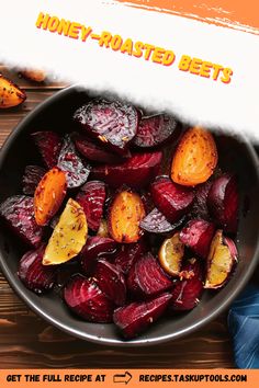 roasted beets and carrots in a bowl with the title honey - roasted beets get the full recipe at