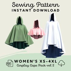 two women's capes in different colors and sizes, with the text sewing pattern instant