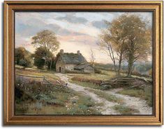 an oil painting of a country house in the countryside with a path leading to it