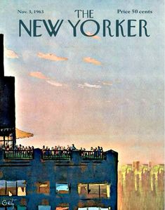 an advertisement for the new yorker, with people standing on top of a building