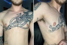 two pictures of a man with an octopus tattoo on his chest