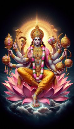 the hindu god sitting on top of a lotus with his hands in each hand and holding two