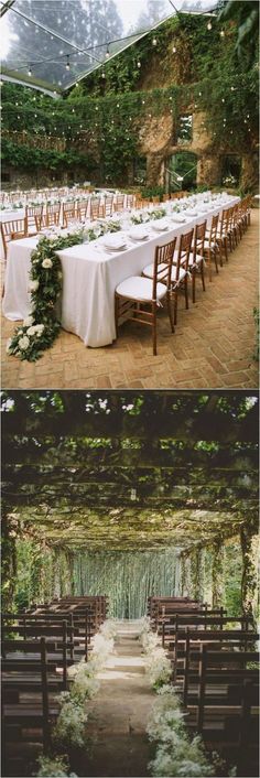 an outdoor wedding venue with tables and chairs