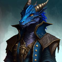 a blue dragon with horns on its head wearing a suit and coat, standing in front of a dark background