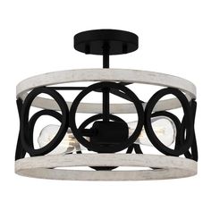 a white and black chandelier with two lights on it's ceiling fixture