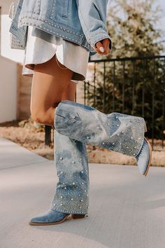 Jean Cowboy Boots, Denim Blue Party Boots, Tall Boots Denim, Denim Boots Outfit, Denim Knee High Boots, Trendy Ankle-high Denim Boots, Pearl Boots, Trendy Knee-high Denim Boots, Denim Boots