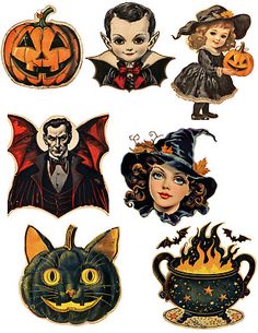 various halloween stickers are shown on a white background, including pumpkins and witches