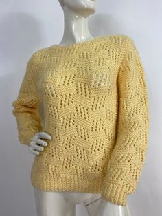 "Yellow knit sweater, hand knit sweater, super soft and cozy sweater, very stretchy soft knit material, size would fit from small to large depending on how you like your knits to fit, please verify exact measurements below  Measurements:  Shoulder 17\"/sleeve 21\"/bust(pit-pit)21\"/bottom width 15\"-26\"/length 21\" Mannequin measurements:  5'8\", bust 34\", waist 25\", hip 33\" Please note that vintage clothing sizes can vary greatly.  The Measurements provided  are approximate and are taken lying flat.  I suggest taking a similar garment from your wardrobe and measure it while lying flat.  This way you can compare measurements.  All of our pieces are genuine vintage. Don't forget to enlarge the photos and take a closer look at this genuine vintage item!! I will ship your item off within Yellow Knit Sweater, Yellow Knit, Hand Knitted Sweaters, Pullover Sweater Women, Knitting Materials, Cozy Sweaters, Women Pullover, Soft Knits, Pullover Sweaters