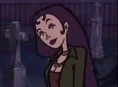 an animated woman with long hair standing in front of a building and looking at the camera