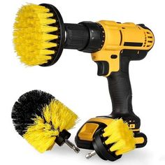 two yellow and black brush attachments on top of each other, with one holding a screwdriver