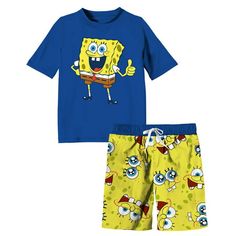 Little and big boys and kids will love this two piece Spongebob swimsuit set!! Includes a swim short and a short sleeve rash guard top. Swim bottoms have an elastic waist with adjustable drawsting. Trunks also have an inside mesh lining and the material is 95% polyester and 5% spandex. The top has short sleeves and 100% polyester. Set has UV 50 protection to help prevent sunburn. This is an officially licensed Nick set. Kids will love to go under the sea swimming in pool, lake, ocean, or backyar Blue Beachwear Swimwear For Summer Activities, Fun Blue Swim Trunks For Beach Season, Playful Blue Swim Trunks For Poolside, Blue Swimwear For Summer Beach Season, Blue Swim Trunks For Summer Activities, Playful Blue Swim Trunks For Summer Activities, Playful Blue Short Swimwear, Playful Sets For Pool And Beach Season, Playful Pool Sets For Beach Season