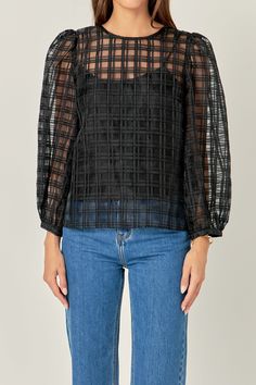 This Plaid Organza Long Sleeve Top is perfect for a fashionable stylish look. The high-quality organza fabric features a unique plaid print and showcases a round neckline with puffy long sleeves. Plus the back zipper detail completes the style for a great fit. Get our unique top and showcase your best fashion look! Plaid organza Round neckline Puffy long sleeves Back zipper Removable cami lining Shell: 100% Polyester Lining: 100% Polyester JJ2598T Total length: 24.5", Bust: 37" S BLACK: Height 5 Black Sheer Blouse With Puff Sleeves, Knitwear Trends, Summer Style Guide, Casual Party Dresses, Knit Outerwear, Denim Sweater, Leather Denim, Organza Fabric, Fashion Night