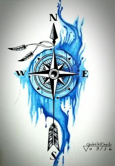 a drawing of a compass with watercolors and arrows on it's side